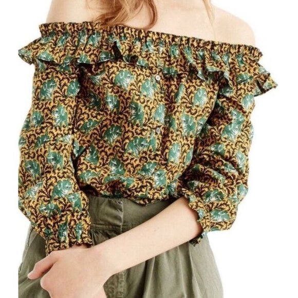 J.Crew Ratti Elephant Print Off-the-Shoulder Ruffle Top Gold Boho Women's Size 4 - Picture 1 of 7